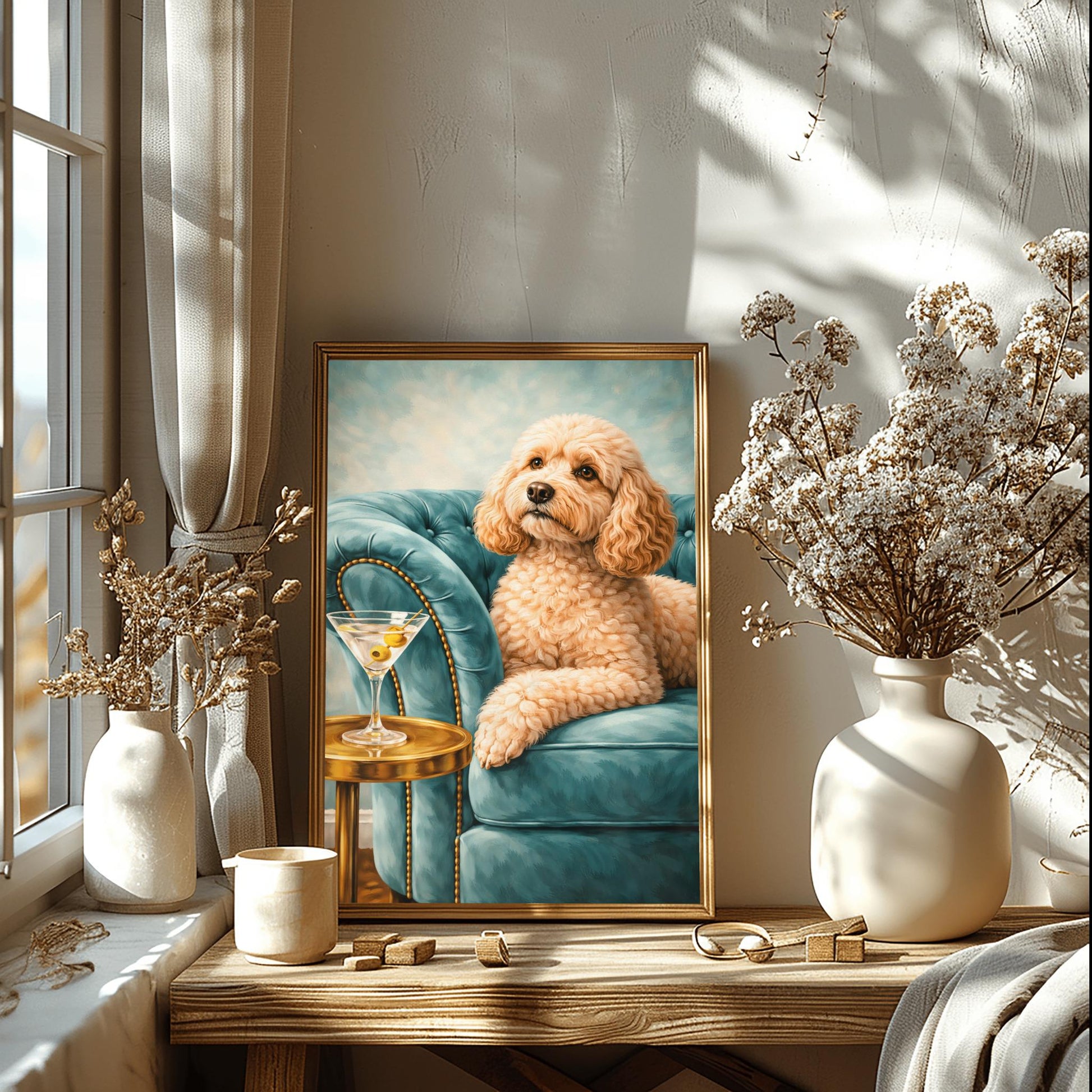 A vertical oil-style painting of a fluffy, tan-colored cockapoo with big brown eyes sitting on a plush, light teal velvet tufted sofa. To the left, a martini glass with two olives sits on a round, polished gold side table. The background is a soft, textured sky blue, and the overall lighting is bright and elegant.