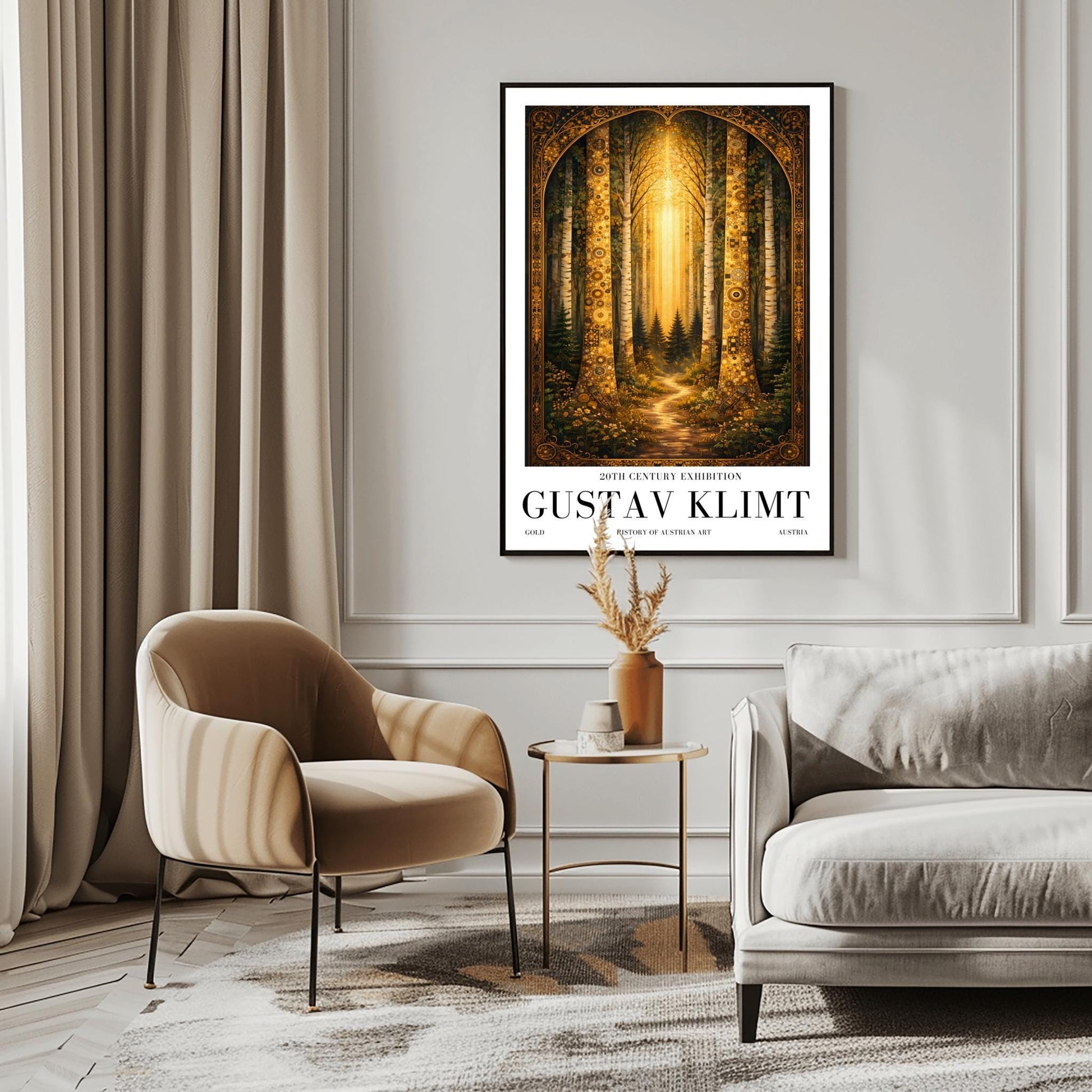 A vertical exhibition poster for Gustav Klimt. Two tall birch trees with golden mosaic bark frame a view of a dark forest path illuminated by a bright vertical beam of sunlight. The artwork has an ornate gold border and clean white margins with text at the bottom.