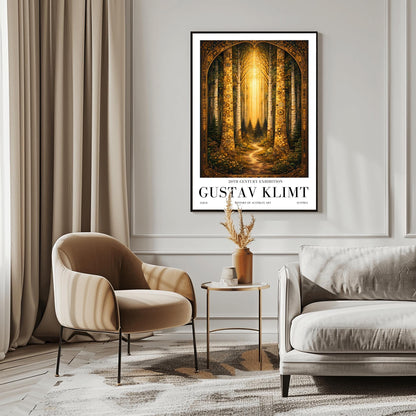 A vertical exhibition poster for Gustav Klimt. Two tall birch trees with golden mosaic bark frame a view of a dark forest path illuminated by a bright vertical beam of sunlight. The artwork has an ornate gold border and clean white margins with text at the bottom.