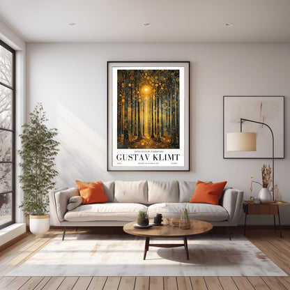 A vertical museum exhibition poster in the style of Gustav Klimt. A forest of slender trees is rendered in complex gold and dark blue mosaic patterns. A bright golden sun glows in the center, and the ground is covered in golden circular patterns. Bold black text at the bottom reads "GUSTAV KLIMT" and "20TH CENTURY EXHIBITION."