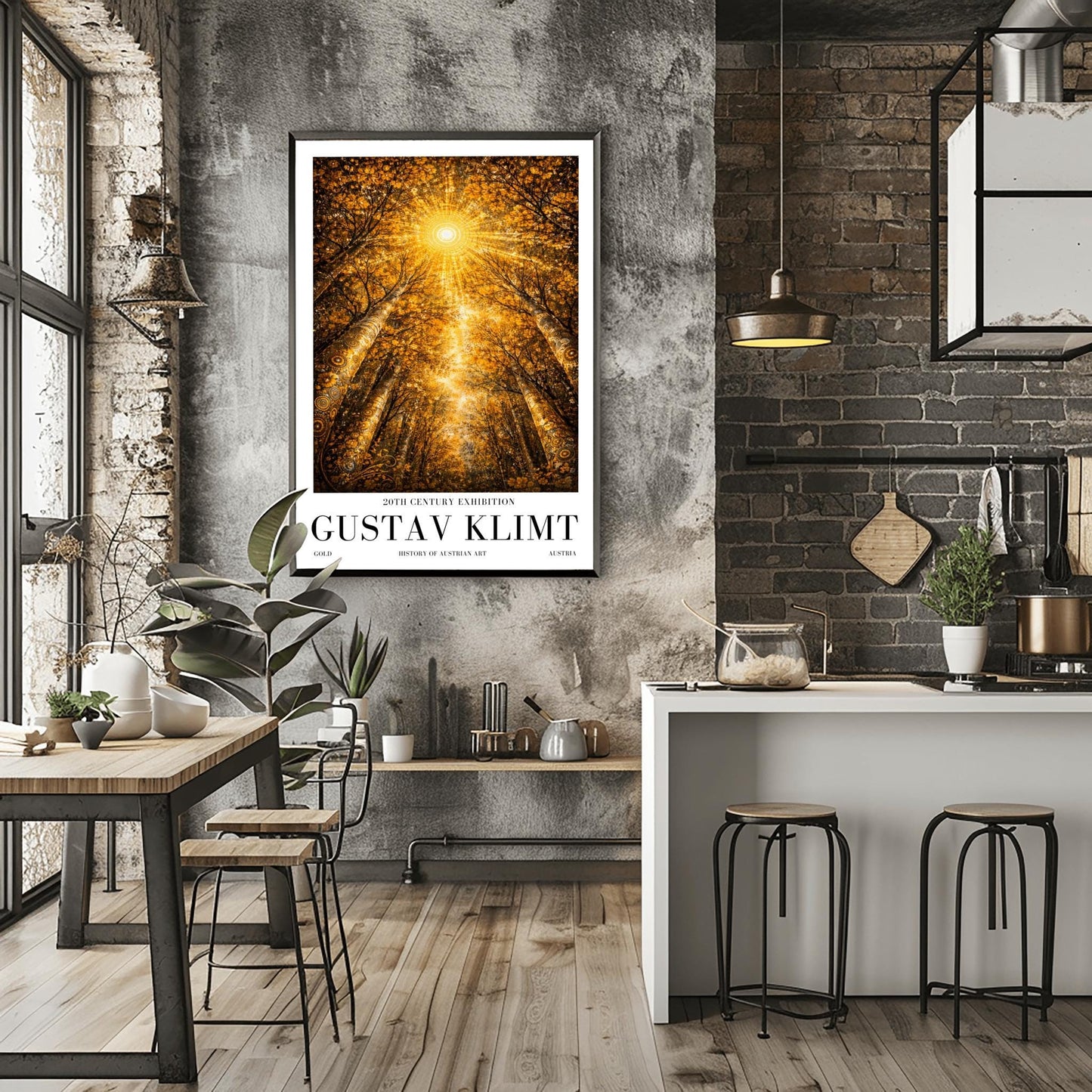 A vertical exhibition poster for Gustav Klimt featuring a view looking up through golden trees toward a radiant sunburst. The trees have intricate mosaic patterns on the bark. Below the artwork, bold black text reads "GUSTAV KLIMT" and "20th Century Exhibition."