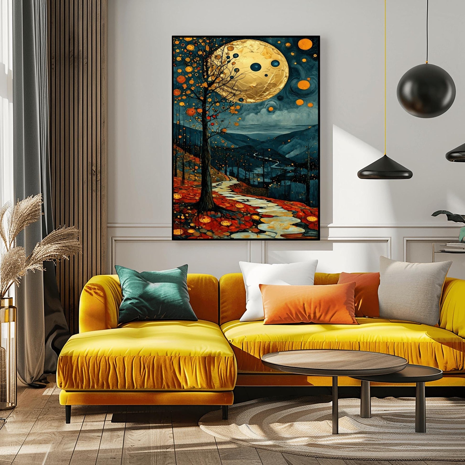 A vertical fine art painting in the style of Gustav Klimt. A massive, textured golden moon hangs in a dark, starlit sky above rolling teal mountains. A white, winding stone path leads through a foreground of orange and red autumn leaves. On the left, a slender tree is decorated with golden mosaic orbs. The overall style is rich in texture and golden ornamentation.
