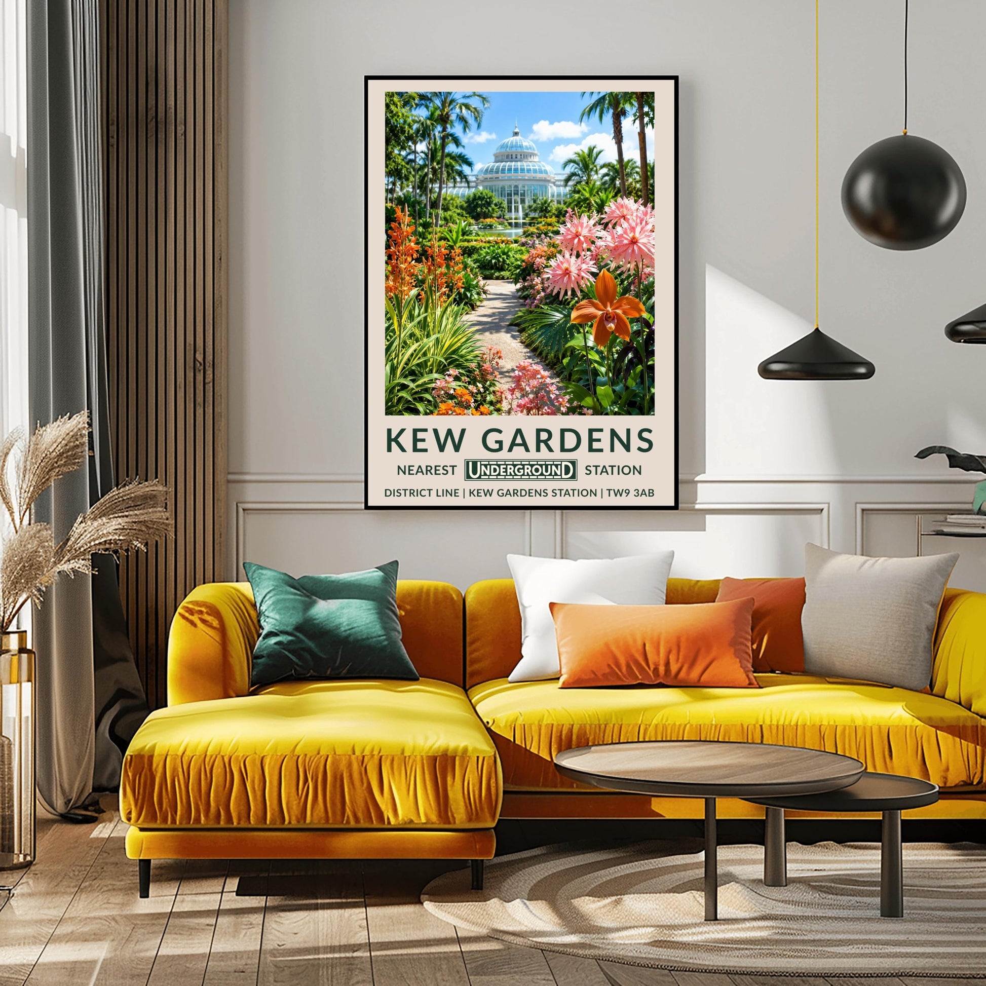A vertical retro London Underground travel poster for Kew Gardens on a wide cream border. The top image shows a sun-drenched exterior view of the historic white iron-and-glass Palm House dome under a bright blue sky with light clouds. A stone path in the center is flanked by a lush tropical garden featuring towering palm trees, a large prominent orange orchid blossom on the right alongside spiky pink flowers, and tall orange torch lilies on the left.
