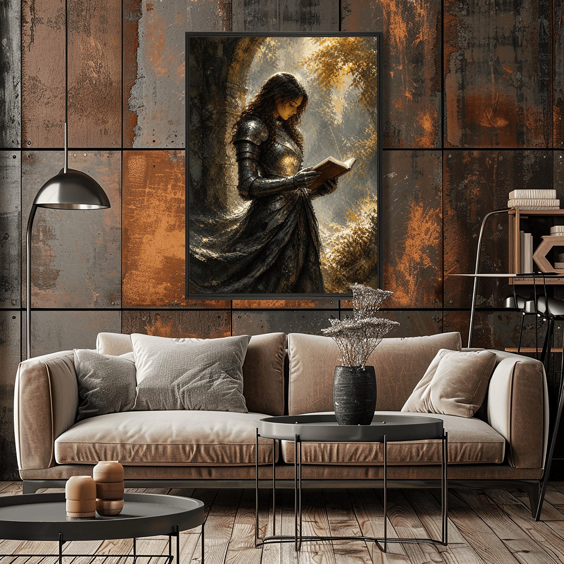 A vertical art print featuring a woman in full medieval steel armor standing under a stone archway. She has long dark hair and is looking down, reading an open book held in her armored hands. The style is painterly with heavy textures. Warm, dappled golden sunlight filters through leaves in the background, reflecting off her polished armor. She wears a long, dark flowing cloak.