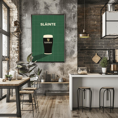 A vertical minimalist graphic with a dark green tiled background. A pint of Guinness with a gold harp logo sits at the bottom, casting a long shadow to the left. At the top, the word "SLÁINTE" is written in a bold, cream-colored font.