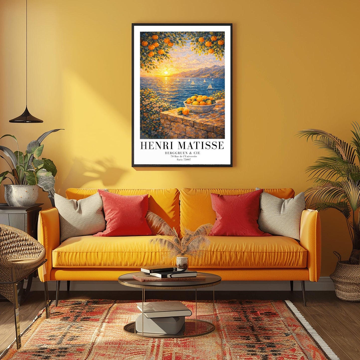 A vertical painterly illustration of a Mediterranean sunset. A low sun shines over a blue sea with sailboats, casting a golden reflection. In the foreground, a bowl of oranges sits on a stone wall. Orange tree branches frame the top of the scene.