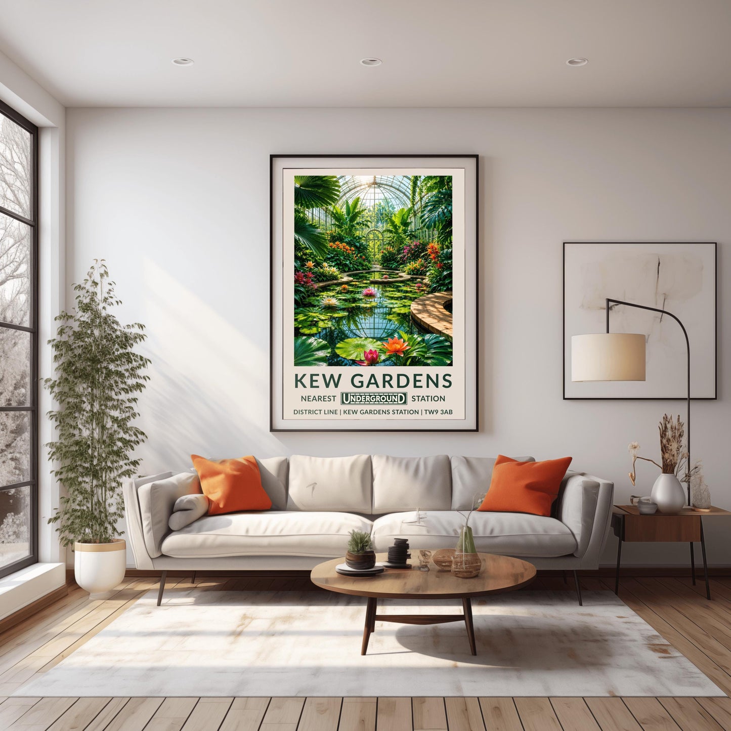 A vertical retro London Underground travel poster for Kew Gardens on a wide cream border. The top image shows an immersive illustration inside a grand Victorian glass conservatory dome. A curved brick pathway encircles a glassy pond filled with giant round lily pads and blooming pink, orange, and white lotus flowers that reflect the grid of the glass roof. Towering fan palms and exotic orange flowers frame the sides, leading to an arched glass doorway in the background.