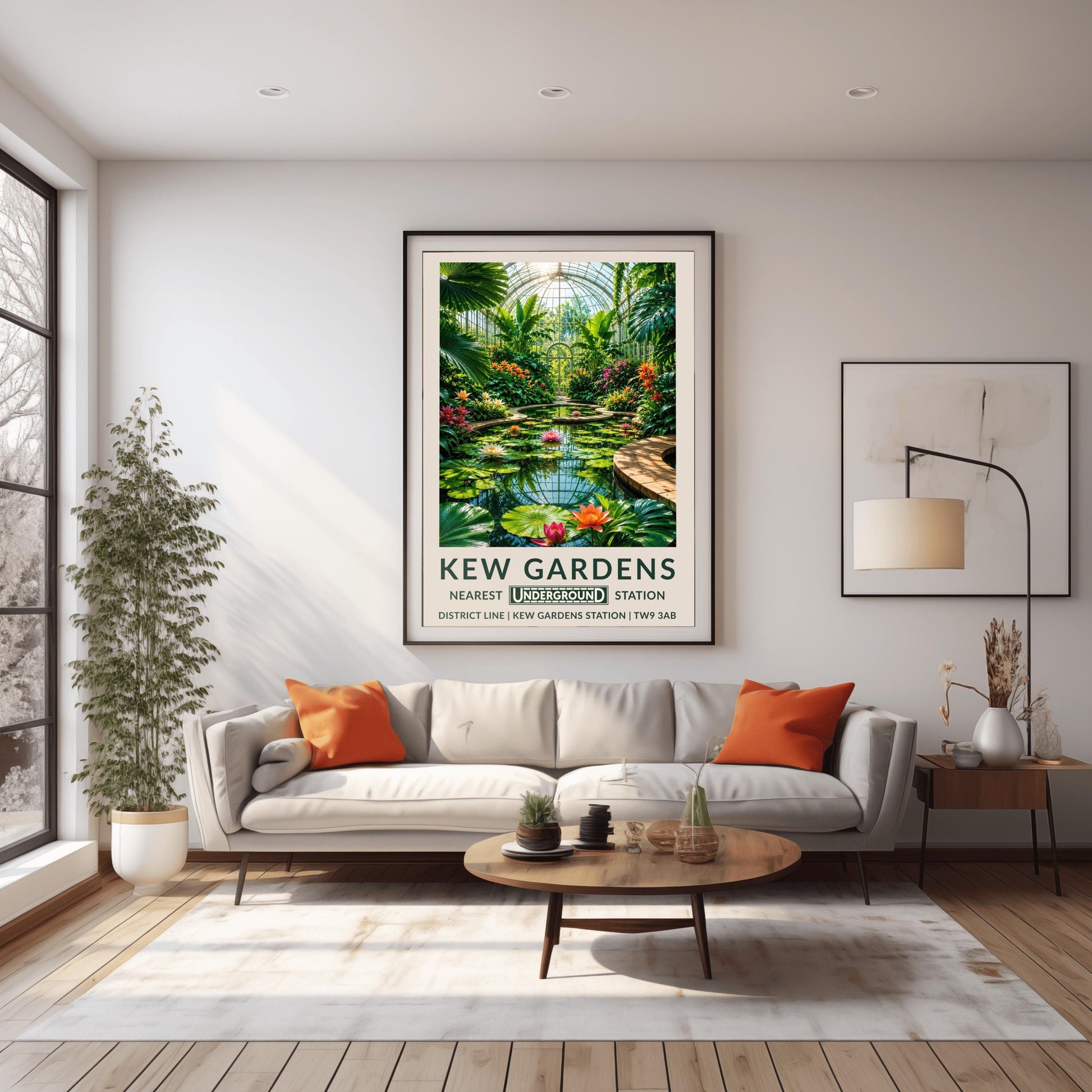 A vertical retro London Underground travel poster for Kew Gardens on a wide cream border. The top image shows an immersive illustration inside a grand Victorian glass conservatory dome. A curved brick pathway encircles a glassy pond filled with giant round lily pads and blooming pink, orange, and white lotus flowers that reflect the grid of the glass roof. Towering fan palms and exotic orange flowers frame the sides, leading to an arched glass doorway in the background.
