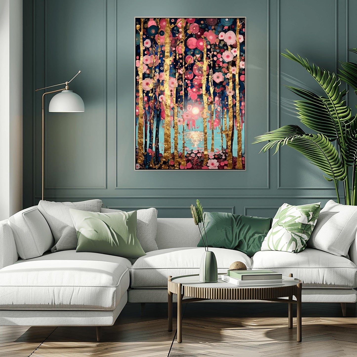 A vertical, highly detailed oil painting in the style of Gustav Klimt. Slender birch tree trunks with gold-leaf textures are surrounded by a dense field of pink, rose, and white circular floral mosaics. In the background, a soft sun reflects over a blue lake. The overall style is rich in texture with a sophisticated pink and gold color palette.