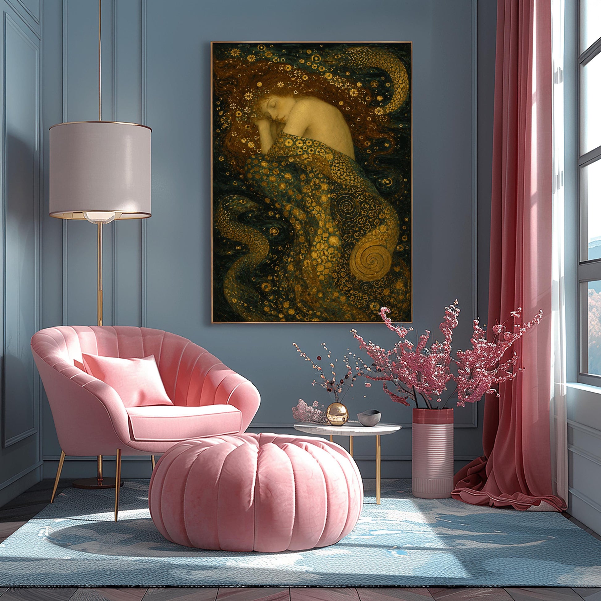 A vertical painting in the Art Nouveau style of Gustav Klimt.It features a pale-skinned female nymph sleeping peacefully on her side against a dark background.Her long, dark hair flows out and is speckled with dozens of tiny white wildflowers.Her body is draped in a heavy, swirling cloth filled with intricate golden mosaics, geometric patterns, and large bronze spirals.Two stylized, patterned sea serpents with shimmering scales wrap around the edges of the composition in the deep dark teal water
