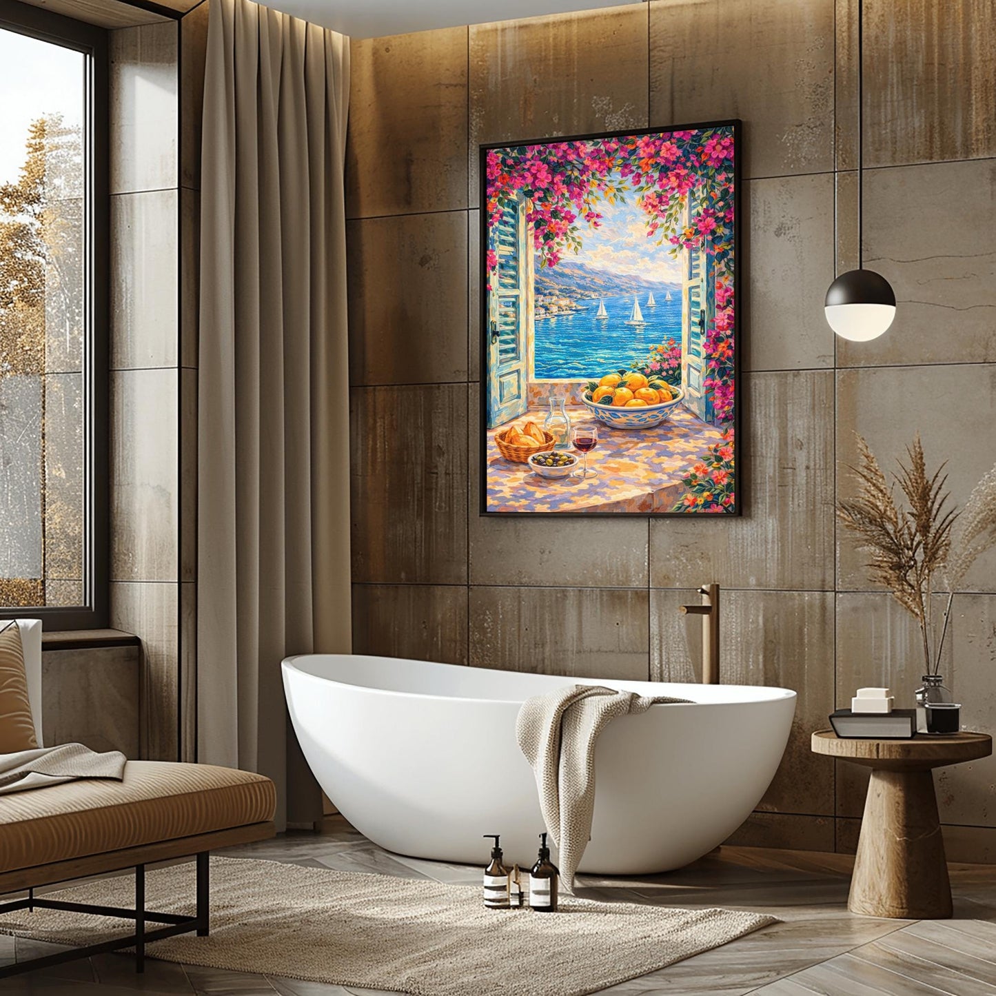 A vertical painterly illustration looking through open blue shutters at a blue sea with sailboats. Pink bougainvillea flowers frame the top and side. On the windowsill sits a glass of red wine, olives, bread, and a large bowl of oranges.