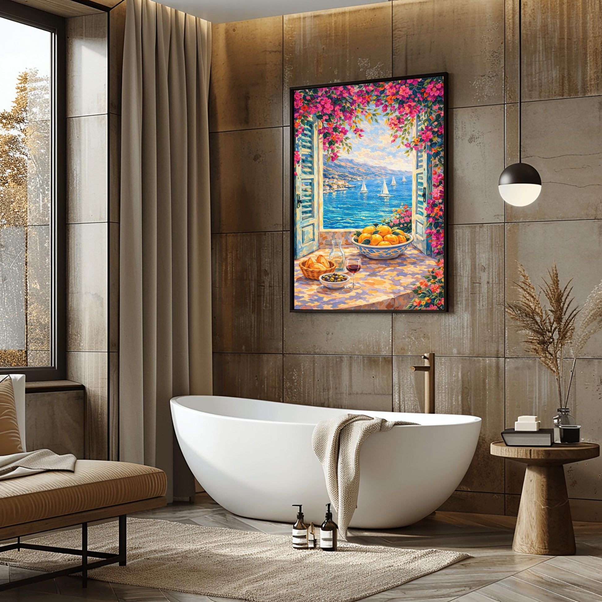 A vertical painterly illustration looking through open blue shutters at a blue sea with sailboats. Pink bougainvillea flowers frame the top and side. On the windowsill sits a glass of red wine, olives, bread, and a large bowl of oranges.