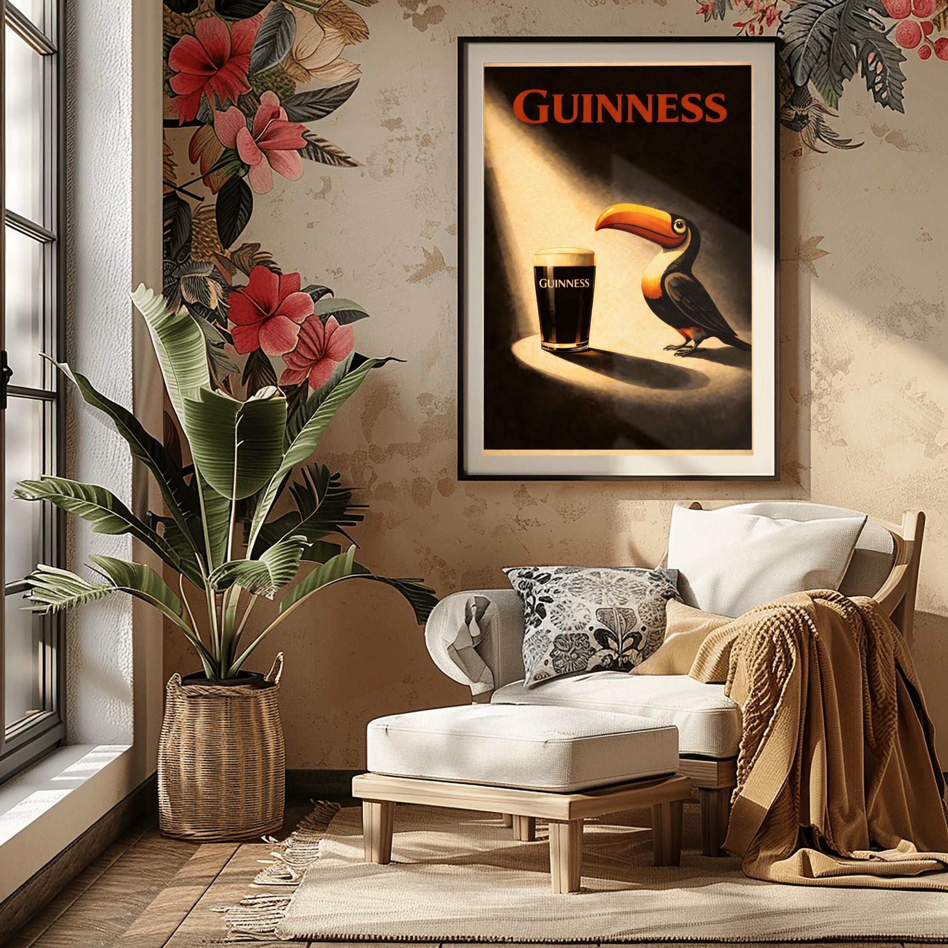 A vertical vintage-style poster. A bright spotlight shines down on a pint of Guinness with a creamy head. A colorful toucan stands in the light next to the glass, looking at it. The background is dark and moody with "GUINNESS" written in red at the top.