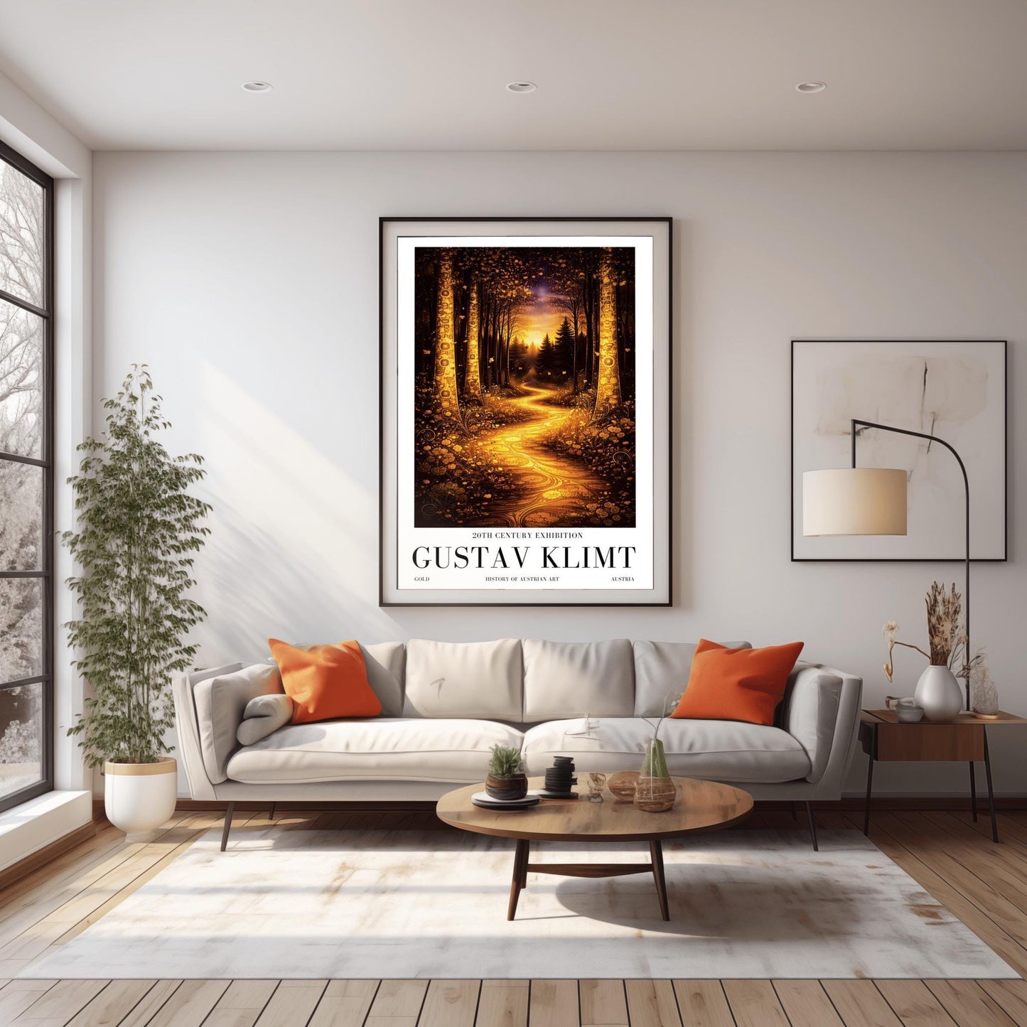 A vertical exhibition poster for Gustav Klimt. A glowing golden path winds through a dark, moody forest at night. Ornate trees with golden mosaic patterns frame the scene. Below the art, bold black text reads "GUSTAV KLIMT" and "20th Century Exhibition."