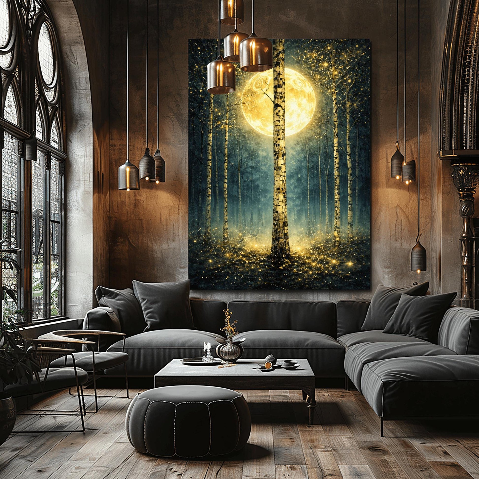 A vertical Art Nouveau-style illustration of a birch forest at night. A large golden moon hangs behind a central birch tree. The forest is filled with teal mist and shimmering golden stardust. The trees have intricate, mosaic-like textures on their bark.