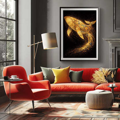 A vertical full-bleed illustration of a large whale in the style of Gustav Klimt. The whale is composed of gold mosaic patterns and spirals, swimming through a dark black ocean. Behind it, a long, curved trail of sparkling golden particles and embers flows through the water.
