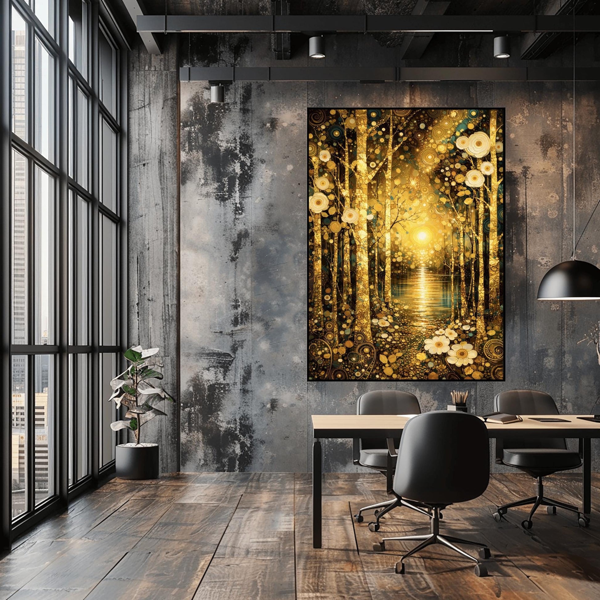A vertical fine art landscape in the style of Gustav Klimt. Slender, textured golden birch trees stand in the foreground on a forest floor covered in white circular flowers. In the background, a brilliant golden sun reflects over a calm lake, surrounded by an atmosphere of golden spirals and shimmering mosaic patterns.