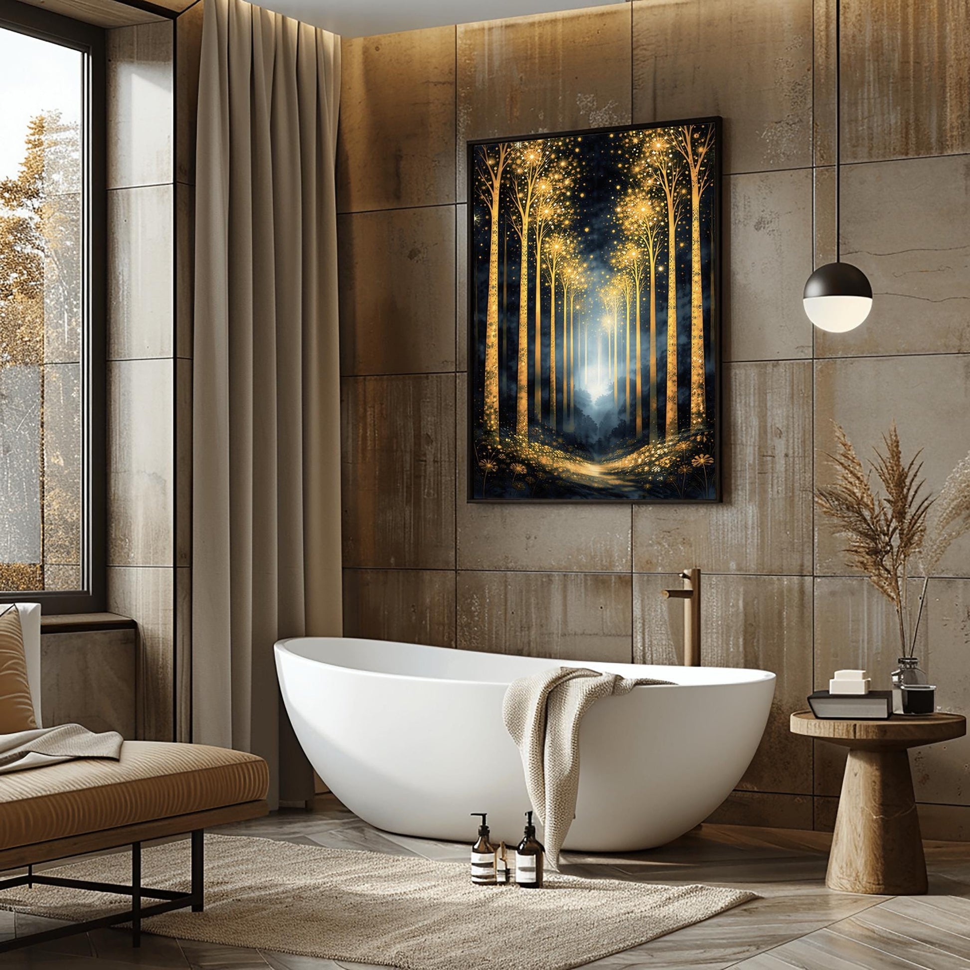 A vertical full-bleed illustration of a birch forest at night in the style of Gustav Klimt. The slender trunks are covered in golden patterns, and the tops of the trees explode into golden sparks and stars. A glowing golden path leads into a misty blue distance.