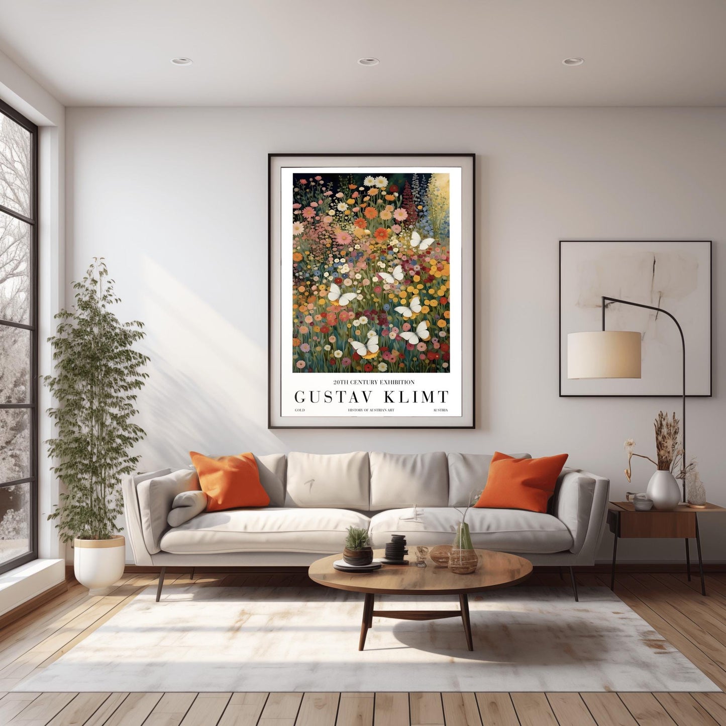 A vertical fine art painting in the style of Gustav Klimt. A dense field of colorful wildflowers in shades of orange, pink, yellow, and red fills the frame. Several large, delicate white butterflies are scattered throughout the meadow, appearing to fly toward a soft golden light in the upper right corner. The style is highly textured with decorative mosaic patterns.