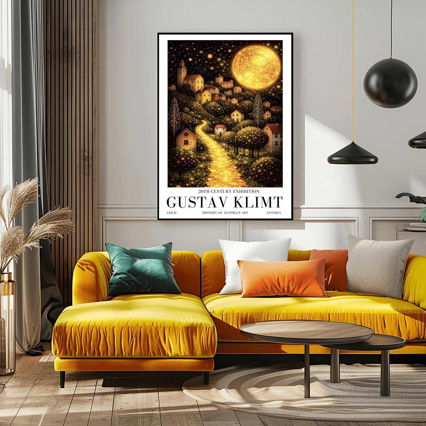 A vertical fine art landscape in the style of Gustav Klimt. A huge, textured golden moon shines in a starry night sky. A glowing golden path winds up a hillside past trees filled with shimmering golden dots toward a village of small houses with lit windows.
