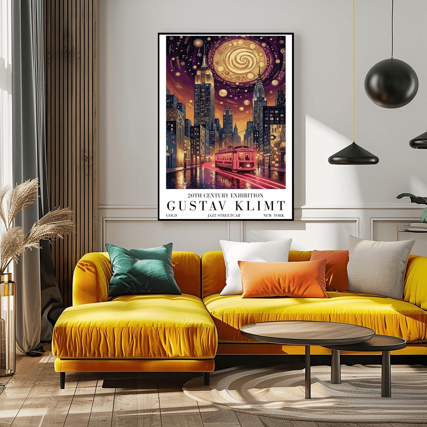 A vertical museum exhibition poster in the style of Gustav Klimt. A glowing red streetcar travels down a New York City street toward the Empire State Building and Chrysler Building at night. The sky is dark purple with a massive golden mosaic moon. Bold black text at the bottom reads "GUSTAV KLIMT" and "JAZZ STREETCAR."