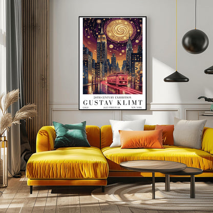 A vertical museum exhibition poster in the style of Gustav Klimt. A glowing red streetcar travels down a New York City street toward the Empire State Building and Chrysler Building at night. The sky is dark purple with a massive golden mosaic moon. Bold black text at the bottom reads "GUSTAV KLIMT" and "JAZZ STREETCAR."