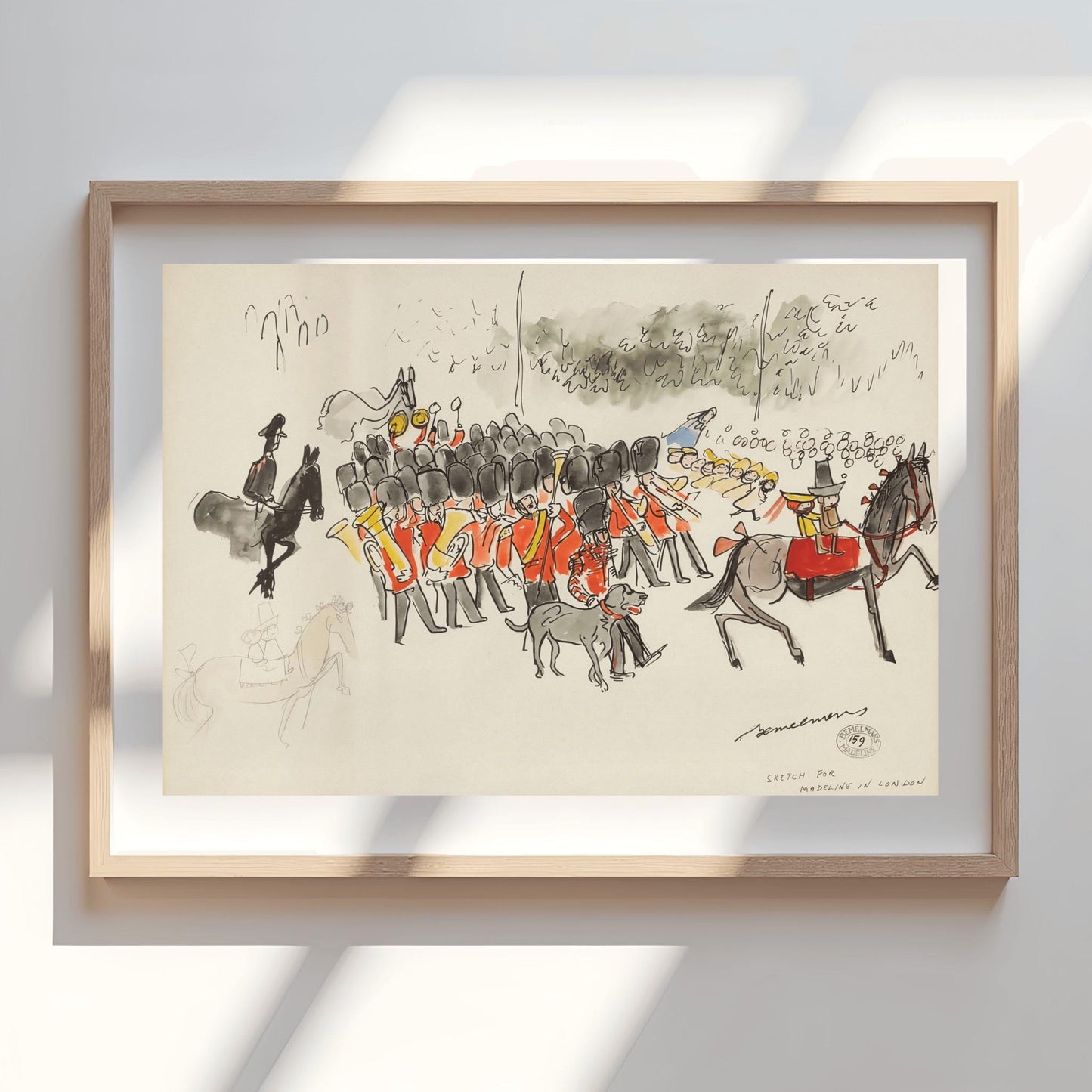 A vertical ink and watercolor sketch on cream paper by Ludwig Bemelmans titled "Sketch for Madeline in London." It depicts a band of British Royal Guards in red tunics and tall black bearskin hats playing brass instruments. To the right, Madeline and Pepito sit on a large grey horse. In the background, twelve schoolgirls in yellow hats watch the parade. A grey dog walks in the foreground. The artist's signature and a collection stamp are at the bottom right.
