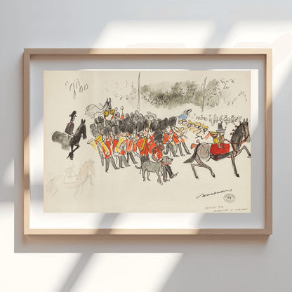 A vertical ink and watercolor sketch on cream paper by Ludwig Bemelmans titled "Sketch for Madeline in London." It depicts a band of British Royal Guards in red tunics and tall black bearskin hats playing brass instruments. To the right, Madeline and Pepito sit on a large grey horse. In the background, twelve schoolgirls in yellow hats watch the parade. A grey dog walks in the foreground. The artist's signature and a collection stamp are at the bottom right.