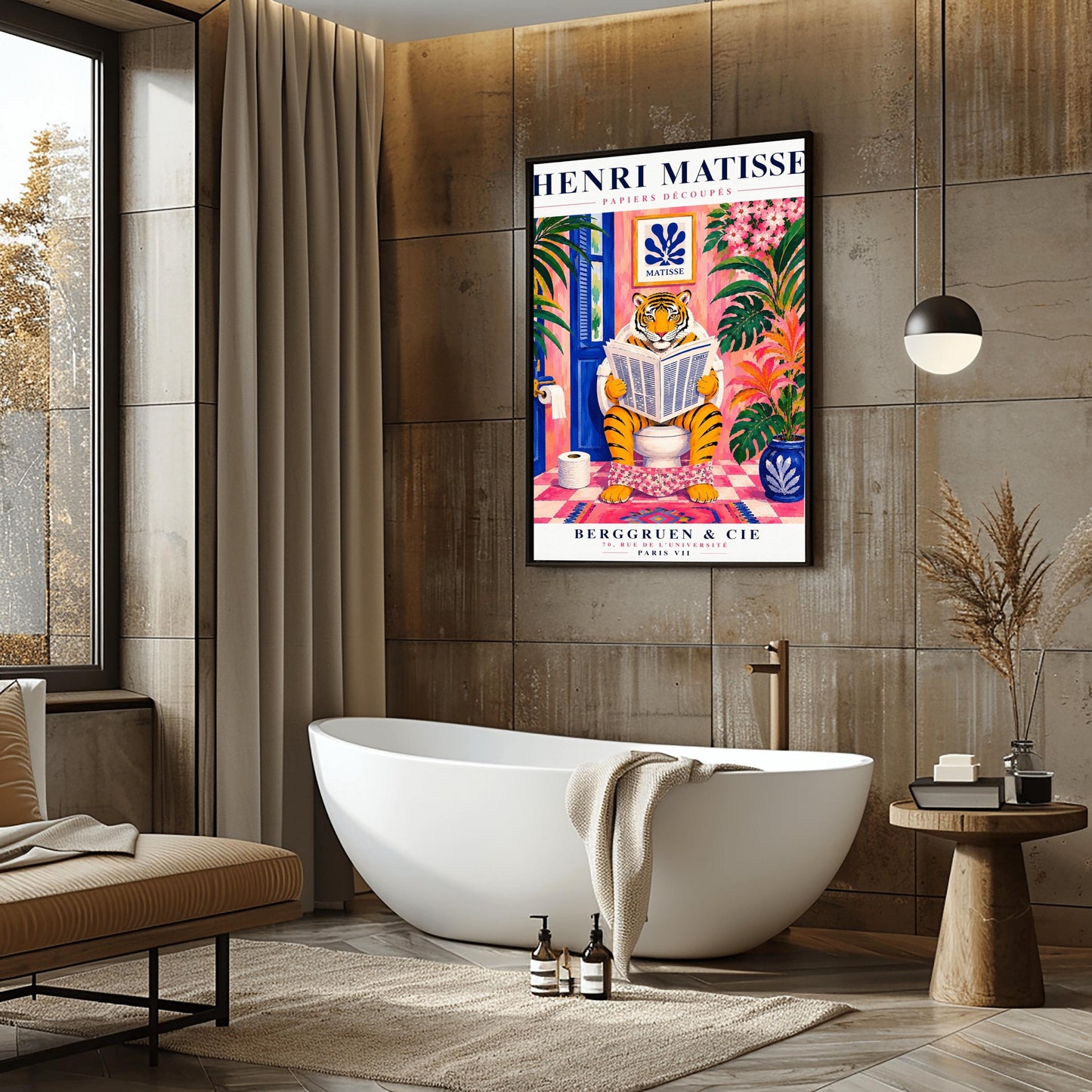 A vertical art print styled as a Henri Matisse exhibition poster. In the center, a tiger sits on a toilet in a pink bathroom, reading a newspaper with pink floral pants at its ankles. The room is decorated with lush tropical plants, a blue door, and a small Matisse-style blue cutout art piece on the wall. The text "HENRI MATISSE" is at the top, and "BERGGRUEN & CIE" is at the bottom.