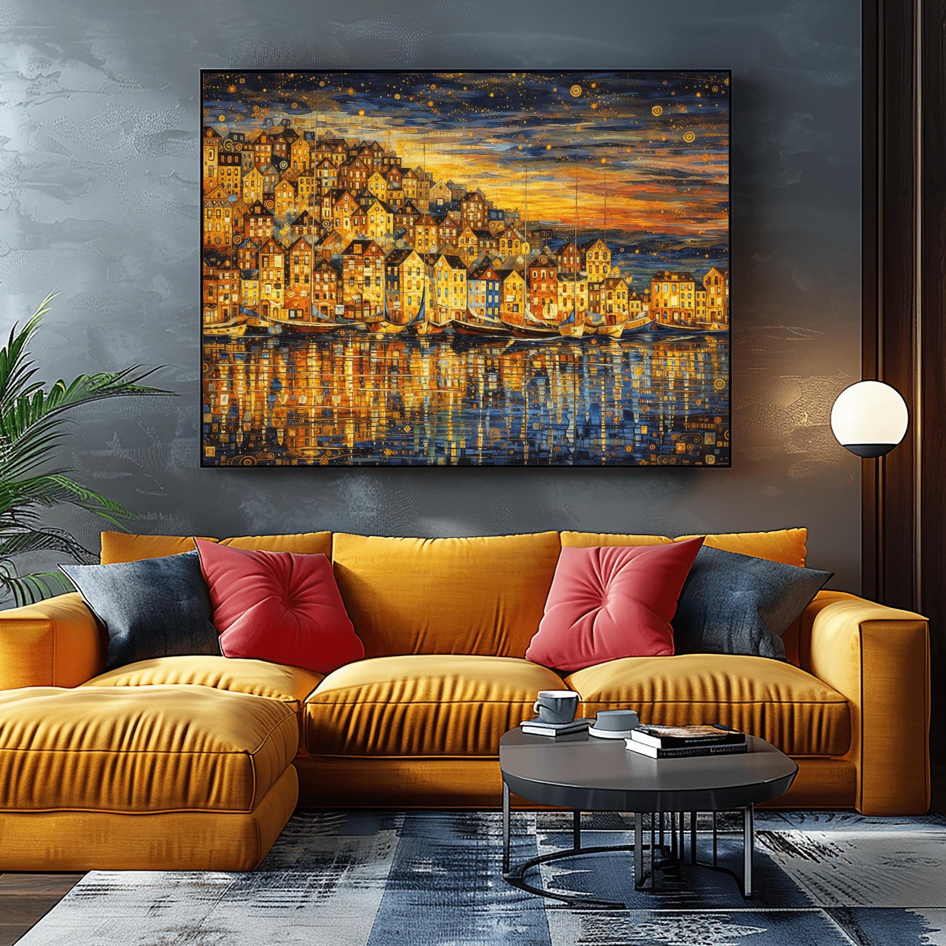 A horizontal landscape art print in the style of Gustav Klimt, depicting a coastal village at dusk. A dense cluster of golden, mosaic-patterned houses sits on a hill overlooking a harbor. Several traditional wooden sailboats are anchored in the water, which reflects the warm gold light of the buildings. The sky above is a dark indigo filled with golden swirling patterns and stylized stars. The overall composition is rich with gold leaf textures and intricate decorative details.