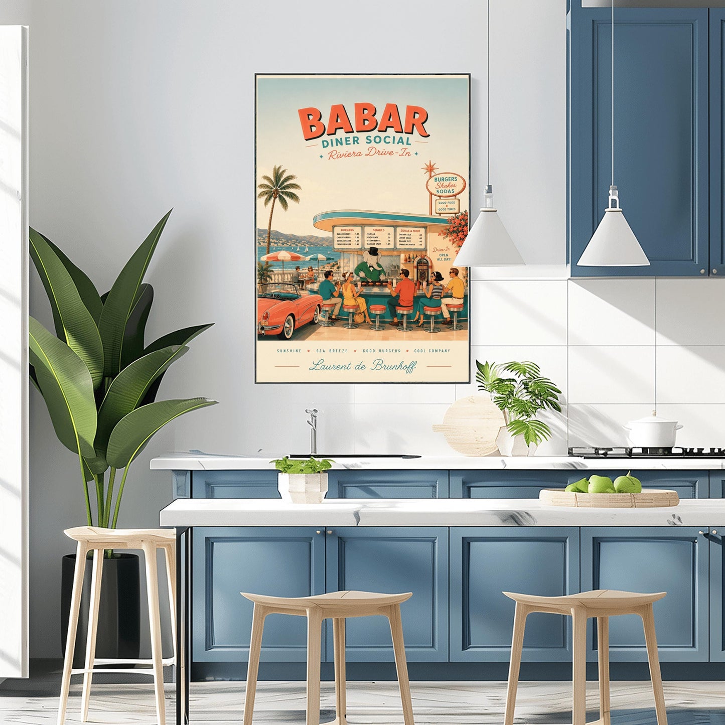 A mid-century style illustration poster titled "BABAR DINER SOCIAL - Riviera Drive-In" at the top. The scene shows an open-air retro diner bar right on the coast of the French Riviera, with a turquoise sea and white sailboats in the background. King Babar, a cartoon elephant in a green suit, bowtie, and top hat, cooks burgers on a grill behind the counter. Stylishly dressed patrons from the 1950s sit on red-topped stools, and a classic pink convertible sports car is parked on the left