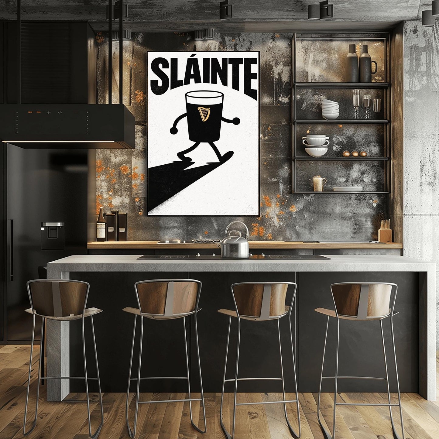 A vertical minimalist graphic in black and white. A pint of Guinness with thin black cartoon arms and legs is shown walking. The word "SLÁINTE" is arched at the top in a bold black font. The pint features a small gold harp logo.