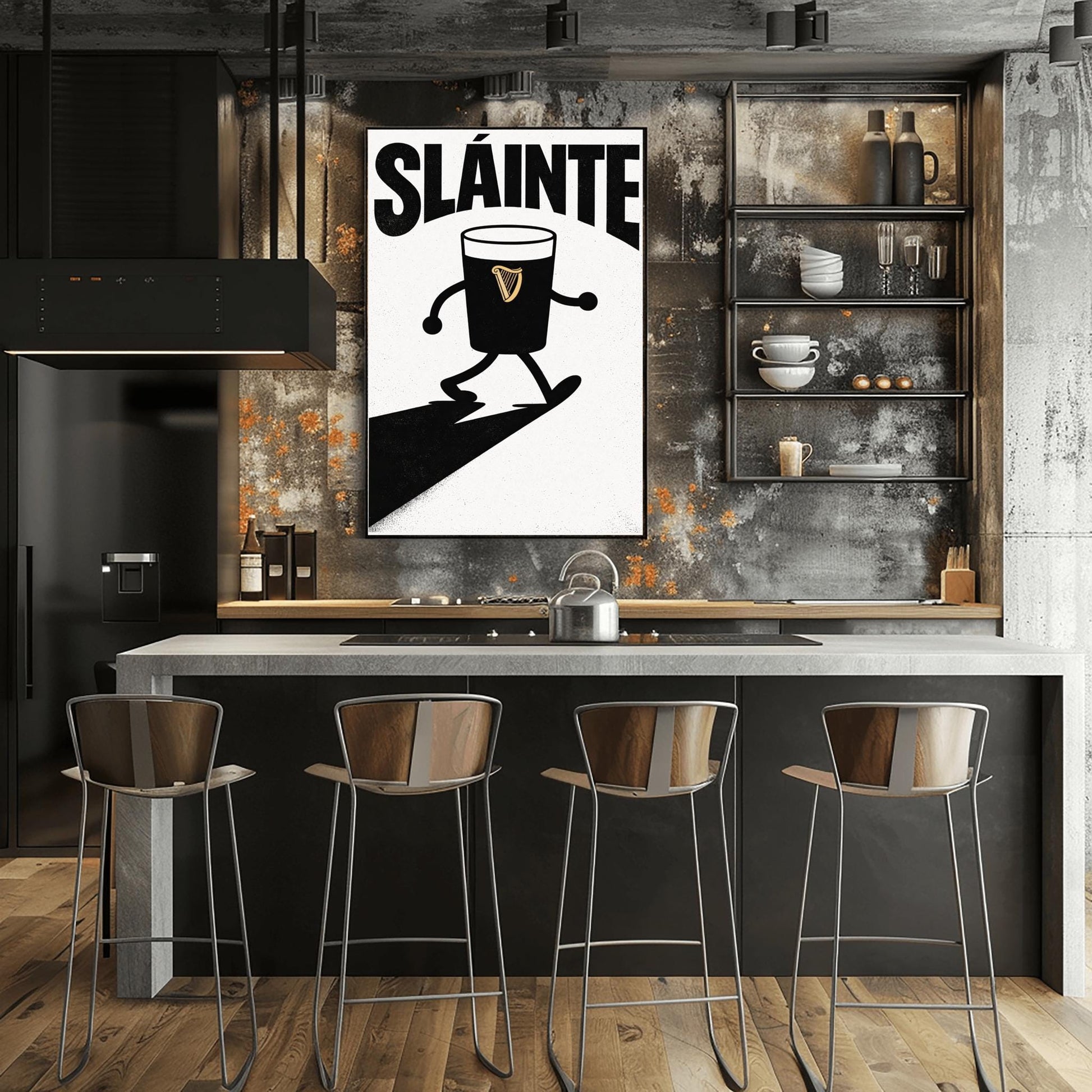 A vertical minimalist graphic in black and white. A pint of Guinness with thin black cartoon arms and legs is shown walking. The word "SLÁINTE" is arched at the top in a bold black font. The pint features a small gold harp logo.