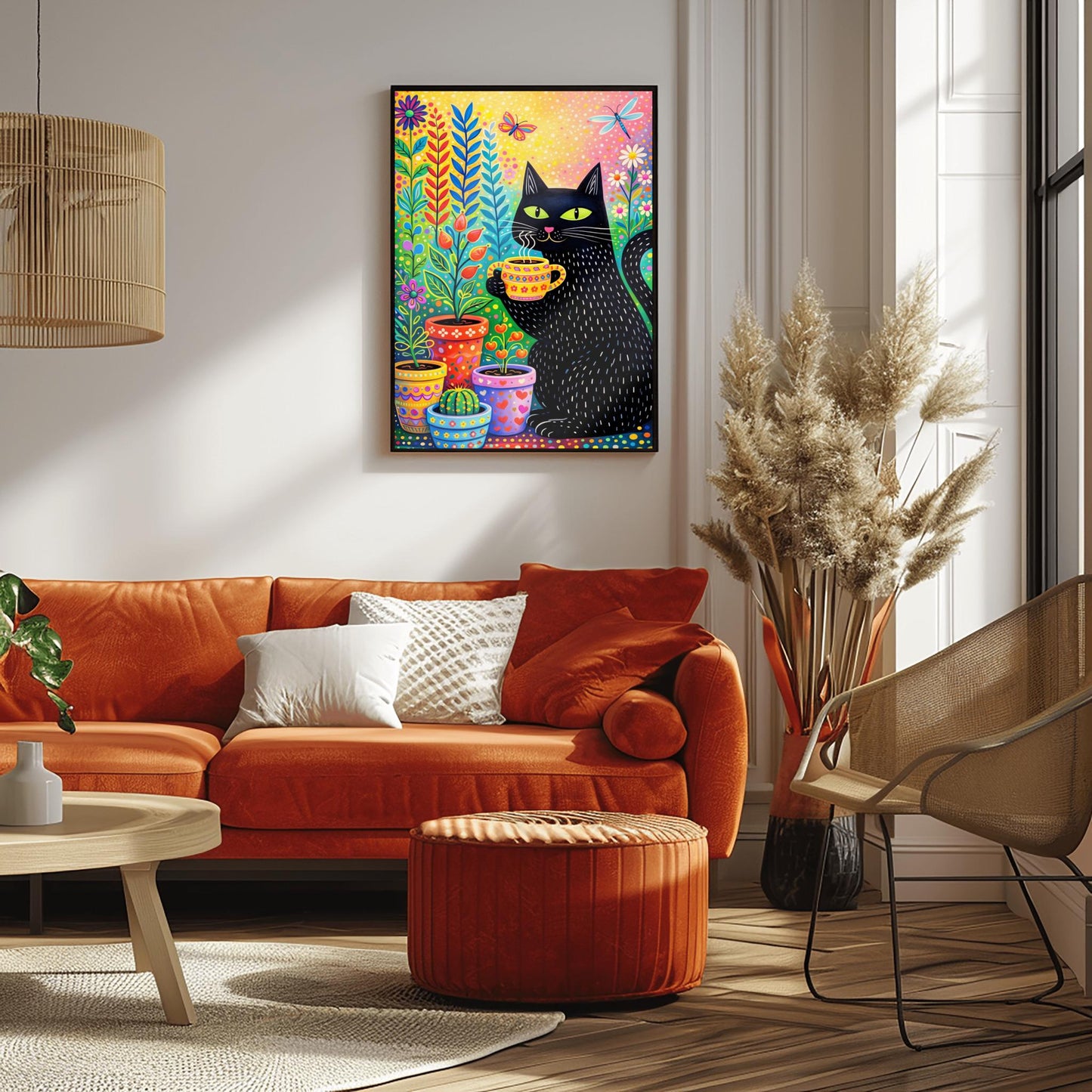 A vertical, colorful folk-art illustration of a black cat with green eyes holding a steaming yellow patterned mug. The cat has small white dashed lines for fur and is sitting next to several decorated flower pots containing a cactus and various colorful plants. A butterfly and a dragonfly fly in the upper portion of the image. The background is a bright, speckled gradient of yellow, pink, and orange.