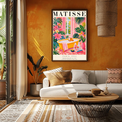 A vertical maximalist art print styled as a Henri Matisse exhibition poster. A small orange and white guinea pig sits in a bright yellow clawfoot bathtub filled with white bubbles. The bathroom is vibrant with pink walls and a pink patterned floor. Lush green monstera plants and pink flowers frame the scene. In the foreground, soap bottles sit on a stack of books next to a pink vase. An open window with pink shutters shows tropical trees in the background.