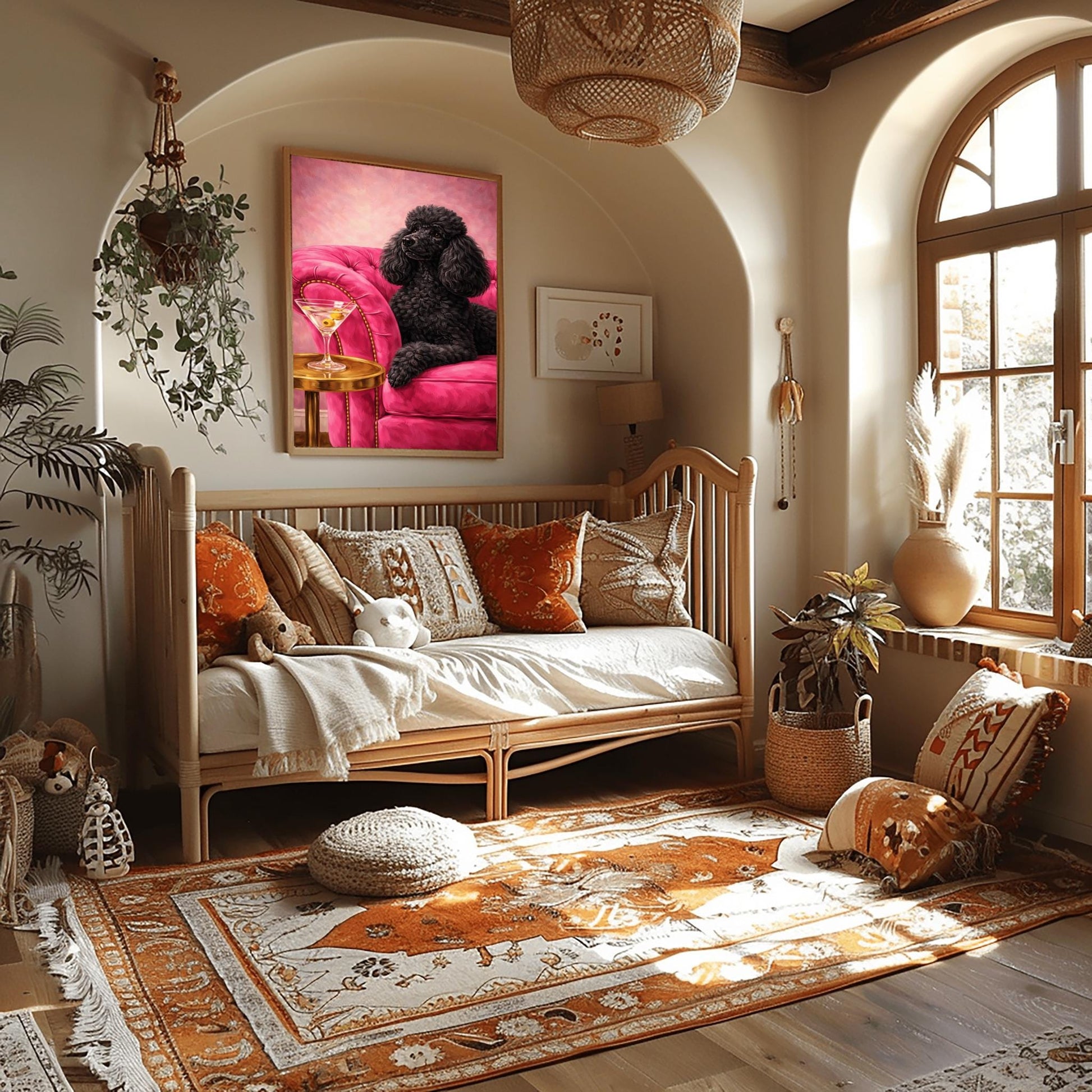 A vertical oil-style painting of a sophisticated black poodle with fluffy, well-groomed fur. The poodle is lying on a vibrant hot pink velvet tufted sofa. In the foreground, a martini glass with two green olives sits on a polished round gold side table. The background is a textured light pink, and the overall mood is glamorous, colorful, and maximalist.