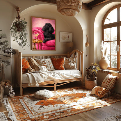 A vertical oil-style painting of a sophisticated black poodle with fluffy, well-groomed fur. The poodle is lying on a vibrant hot pink velvet tufted sofa. In the foreground, a martini glass with two green olives sits on a polished round gold side table. The background is a textured light pink, and the overall mood is glamorous, colorful, and maximalist.