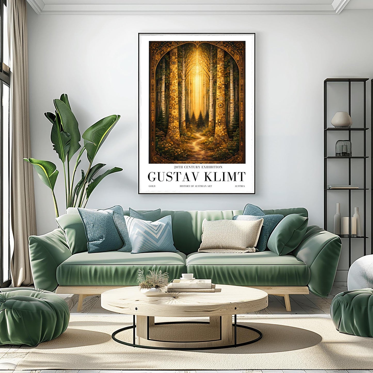 A vertical exhibition poster for Gustav Klimt. Two tall birch trees with golden mosaic bark frame a view of a dark forest path illuminated by a bright vertical beam of sunlight. The artwork has an ornate gold border and clean white margins with text at the bottom.