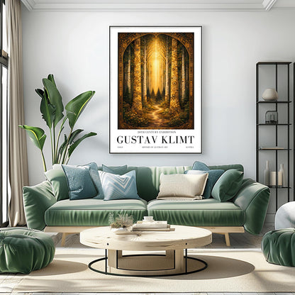 A vertical exhibition poster for Gustav Klimt. Two tall birch trees with golden mosaic bark frame a view of a dark forest path illuminated by a bright vertical beam of sunlight. The artwork has an ornate gold border and clean white margins with text at the bottom.
