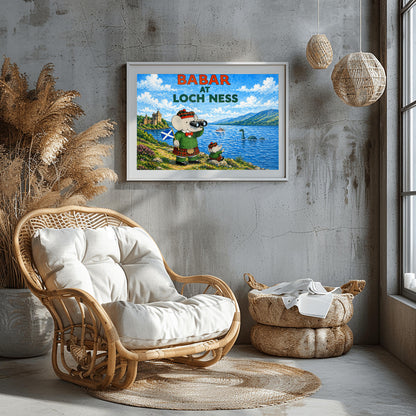 A horizontal watercolor-style illustration of Babar the Elephant in Scotland. Babar is on the left, wearing a green jacket and a red and green plaid kilt and hat. He holds a Scottish flag and looks through binoculars at Loch Ness. A smaller elephant in matching tartan sits on a rock nearby, pointing at a green long-necked sea monster in the water. In the background, a castle sits on a grassy hill to the left, and blue mountains rise behind the lake under a cloudy sky.