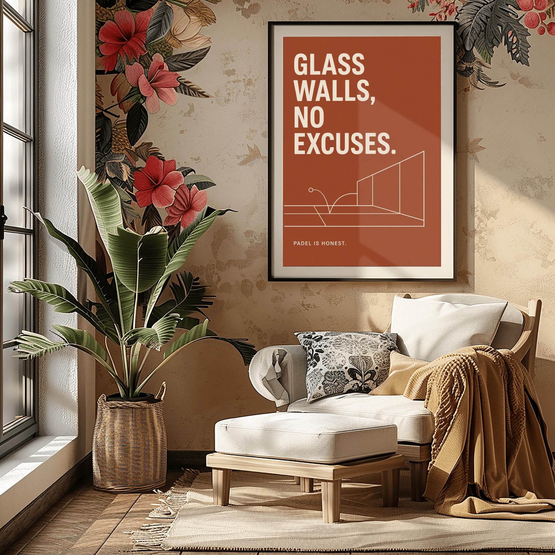 A vertical minimalist sports poster with a solid terracotta rust background. At the top, a bold quote reads "GLASS WALLS, NO EXCUSES." in a large, clean cream sans-serif font. The middle features a fine cream line drawing showcasing a perspective view of a padel court's back and side glass panels, with a line tracing a ball bouncing on the turf and hitting the glass. At the bottom left, small cream text reads "PADEL IS HONEST."