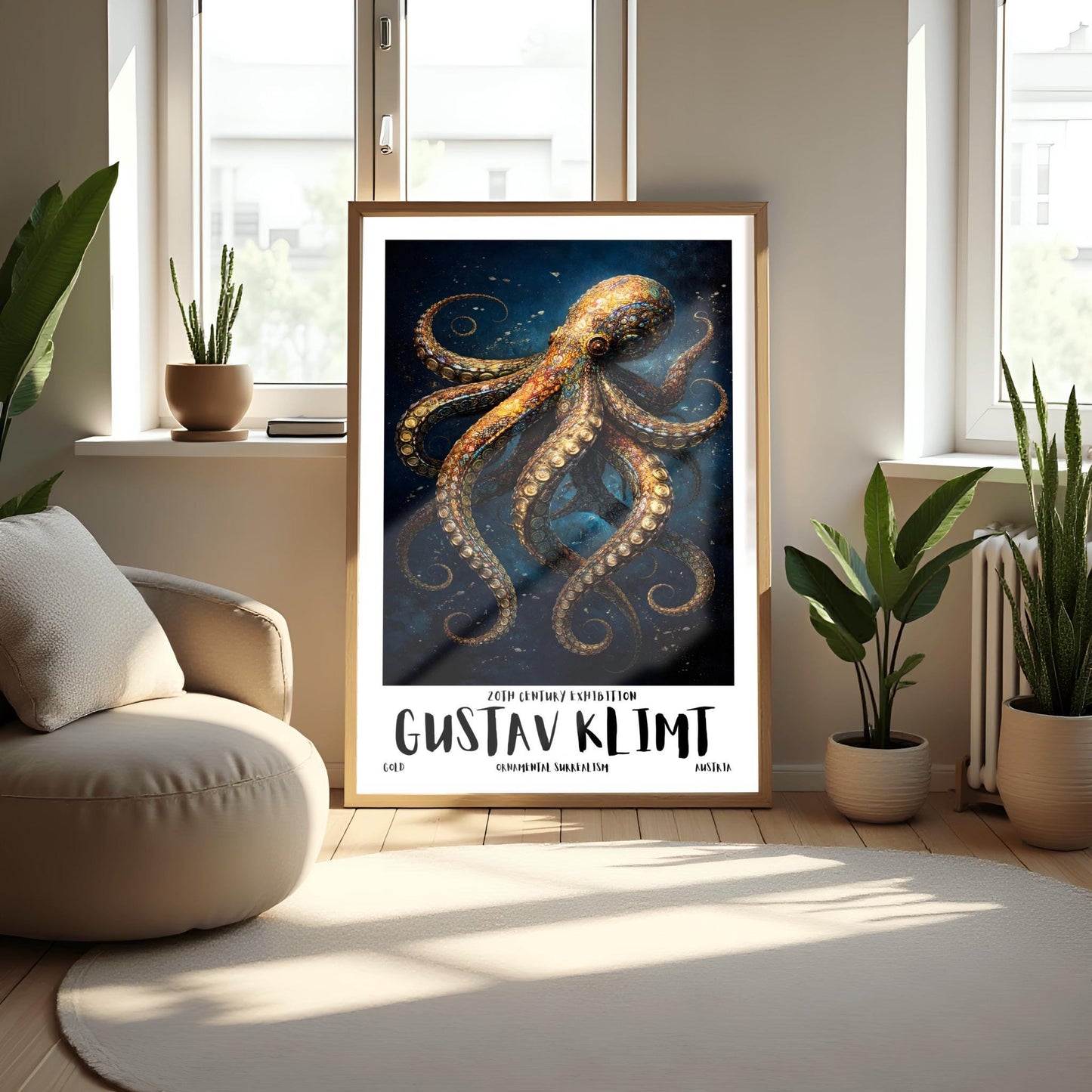 A vertical exhibition poster for Gustav Klimt featuring a highly detailed octopus against a dark navy background. The octopus is covered in golden mosaic patterns and spirals. Below the art, bold text reads "GUSTAV KLIMT" and "Ornamental Surrealism."