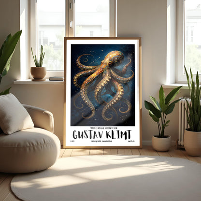 A vertical exhibition poster for Gustav Klimt featuring a highly detailed octopus against a dark navy background. The octopus is covered in golden mosaic patterns and spirals. Below the art, bold text reads "GUSTAV KLIMT" and "Ornamental Surrealism."