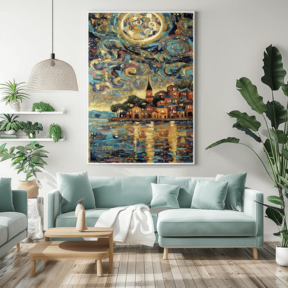 A vertical fine art print in the style of Gustav Klimt. A colorful Mediterranean village with red and orange houses sits on a harbor. The sky above is filled with thick, swirling teal and blue clouds and a large, mosaic-patterned golden moon. The water in the foreground reflects the warm lights of the village and the sky.