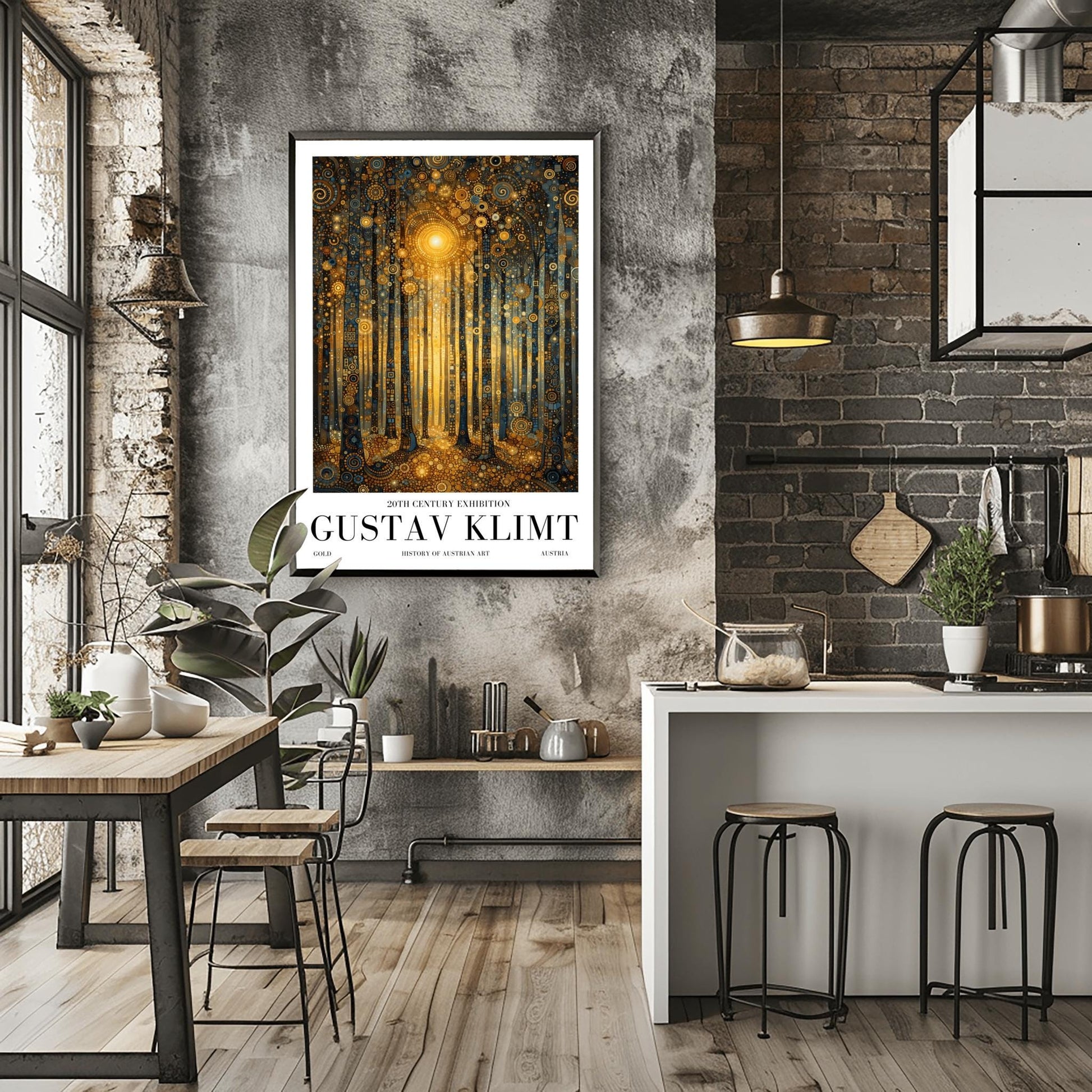 A vertical museum exhibition poster in the style of Gustav Klimt. A forest of slender trees is rendered in complex gold and dark blue mosaic patterns. A bright golden sun glows in the center, and the ground is covered in golden circular patterns. Bold black text at the bottom reads "GUSTAV KLIMT" and "20TH CENTURY EXHIBITION."