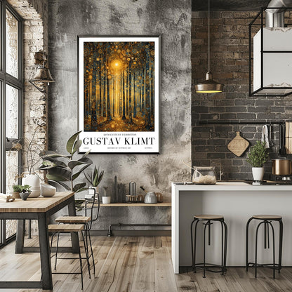 A vertical museum exhibition poster in the style of Gustav Klimt. A forest of slender trees is rendered in complex gold and dark blue mosaic patterns. A bright golden sun glows in the center, and the ground is covered in golden circular patterns. Bold black text at the bottom reads "GUSTAV KLIMT" and "20TH CENTURY EXHIBITION."