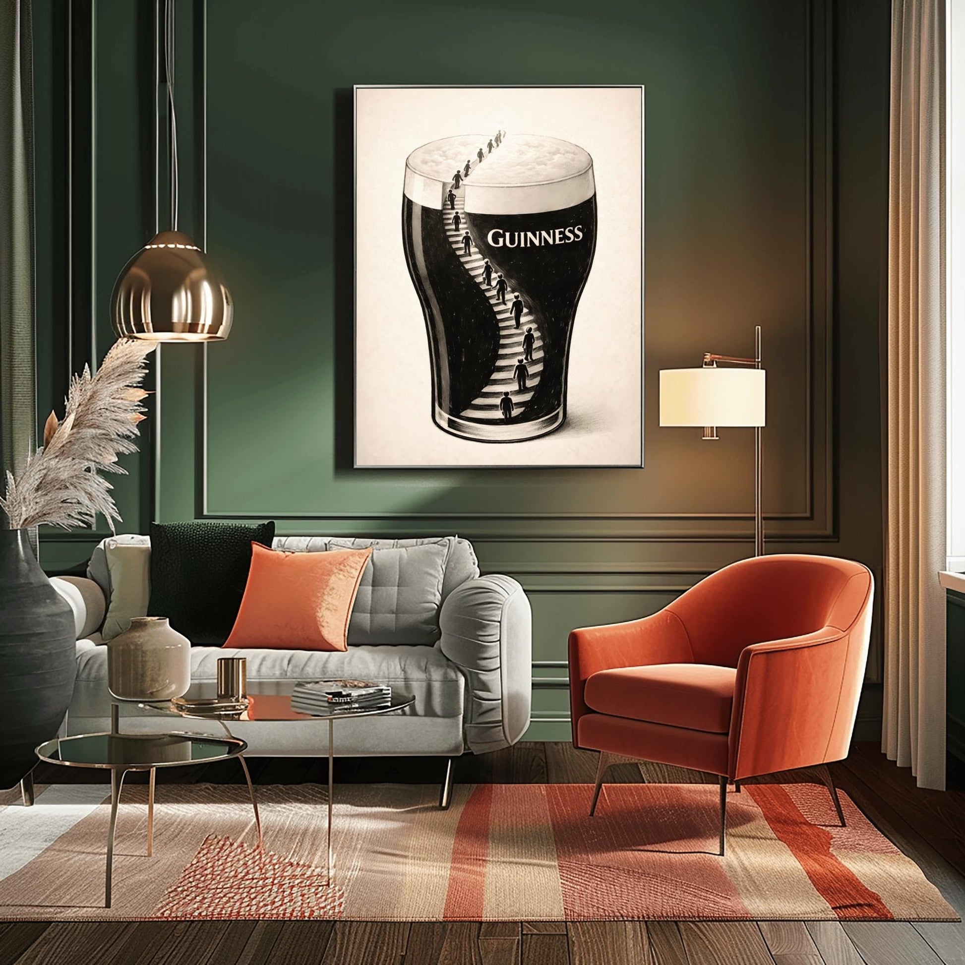 A vertical charcoal-style illustration of a pint of Guinness. A winding staircase is carved into the dark body of the stout, with several small human silhouettes climbing the stairs toward the white foam at the top. The background is a clean, off-white textured paper.