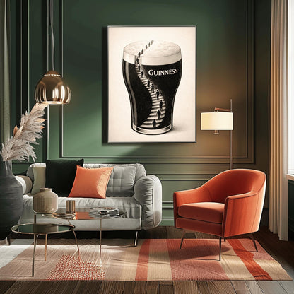 A vertical charcoal-style illustration of a pint of Guinness. A winding staircase is carved into the dark body of the stout, with several small human silhouettes climbing the stairs toward the white foam at the top. The background is a clean, off-white textured paper.