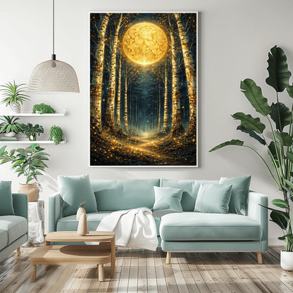 A vertical digital illustration of a birch forest at night. A large, ornate golden moon with swirling patterns glows at the end of a path. The white birch trees are speckled with gold. The ground is covered in sparkling golden lights against a deep dark blue background.