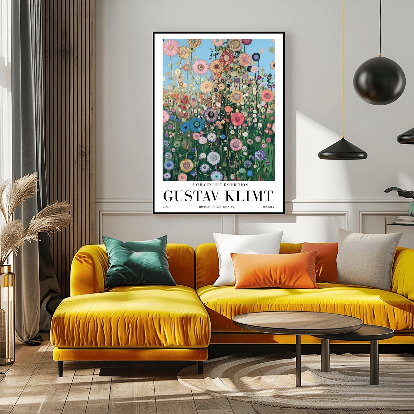 A vertical museum exhibition poster in the style of Gustav Klimt. A dense field of colorful, stylized wildflowers in pink, blue, and orange reaches upward toward a light blue sky filled with golden orbs. Each flower is detailed with mosaic patterns and gold leaf. Bold black text at the bottom reads "GUSTAV KLIMT" and "HISTORY OF AUSTRIAN ART."